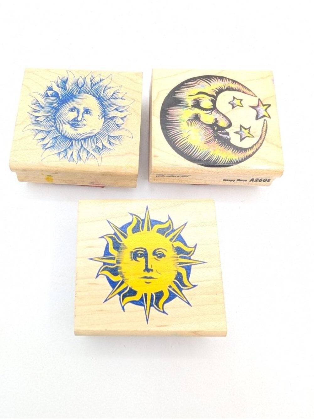 3 Stamps Crescent Lazy Moon Face Stars Celestial Rubber Stampede other mix